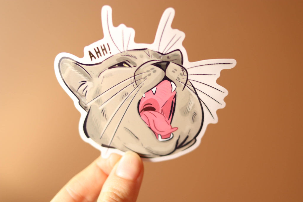 Screaming Cat Sticker: Funny Die Cut Decal, Water Resistant