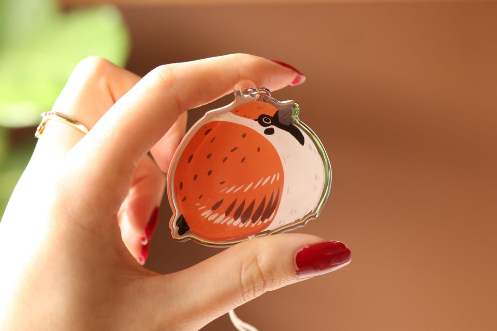 Tree Sparrow Keychain: Double-Sided Epoxy Acrylic Charm